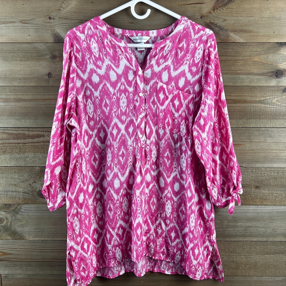 Christopher & Banks Womens Shirt 3/4 Tie Sleeves Ikat‎ Print Henley Neck Large